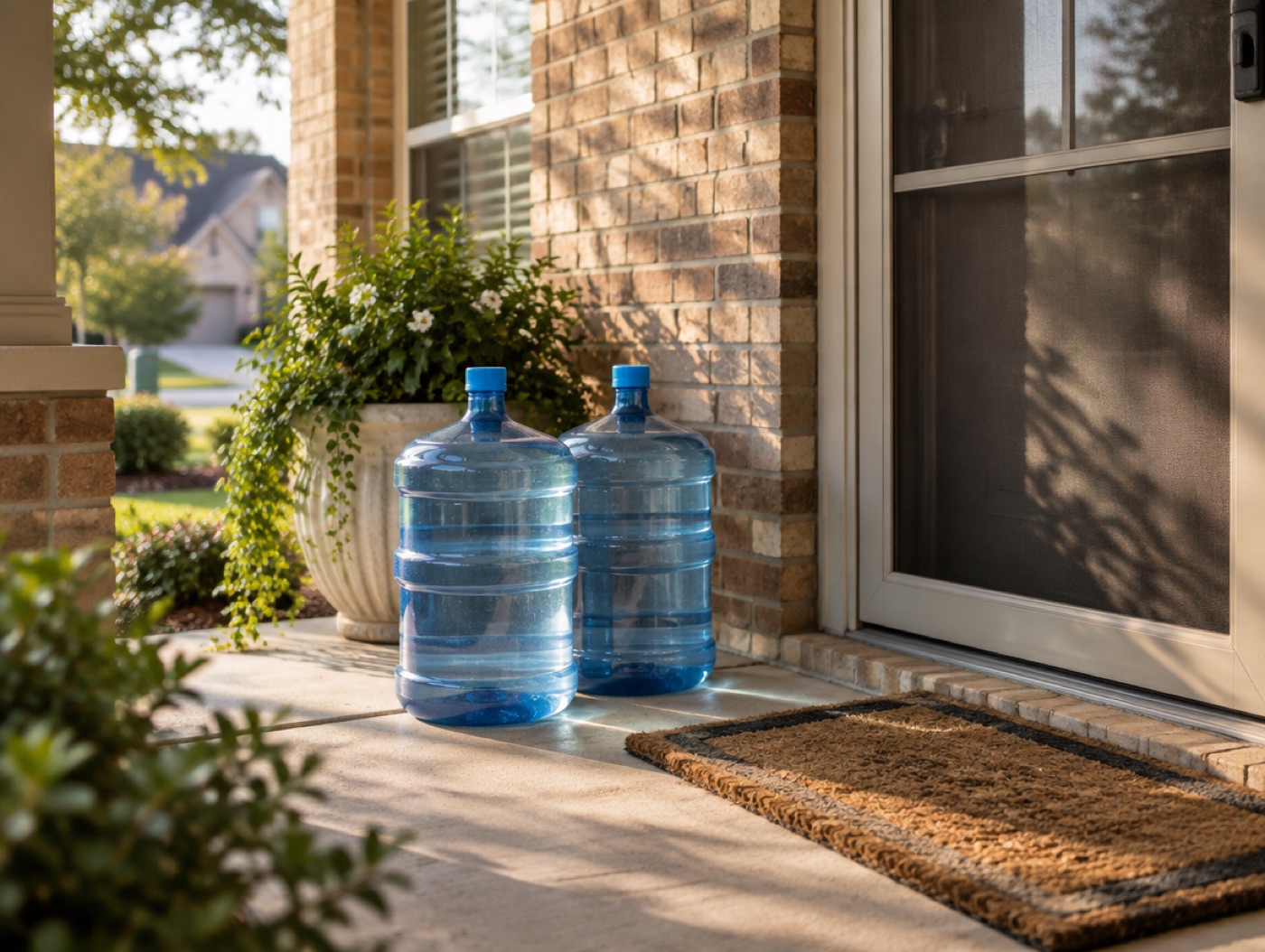 Two five-gallon bottles left at a suburban front door in the morning